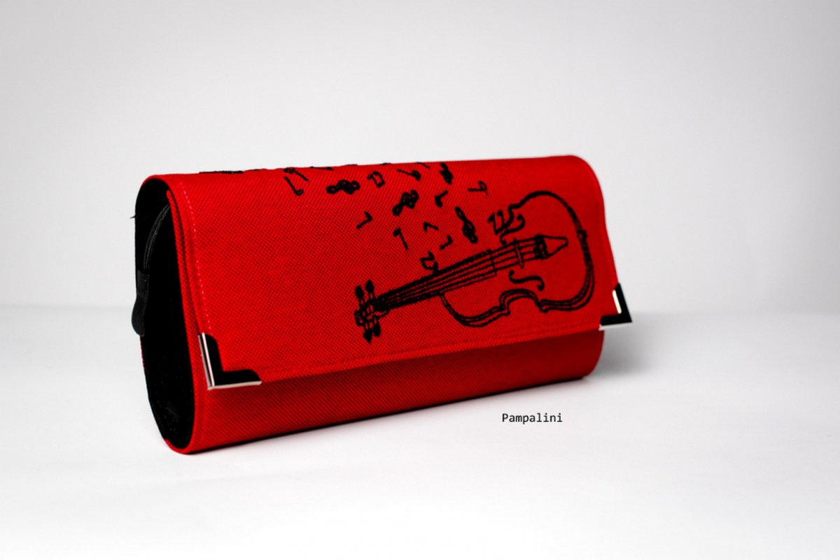 Vyšívaná peněženka - Housle na červené