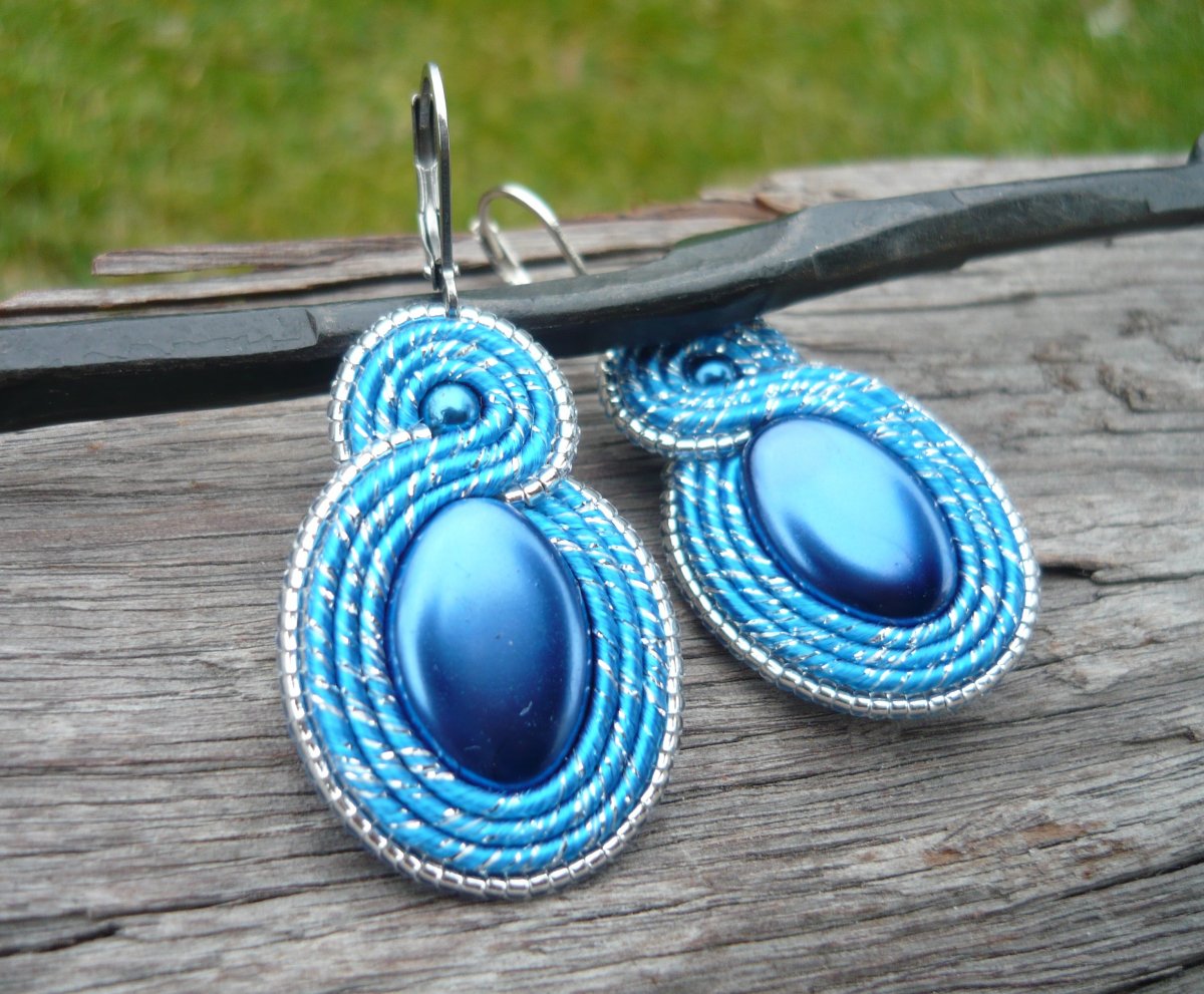 Soutache náušnice Blue Pearl