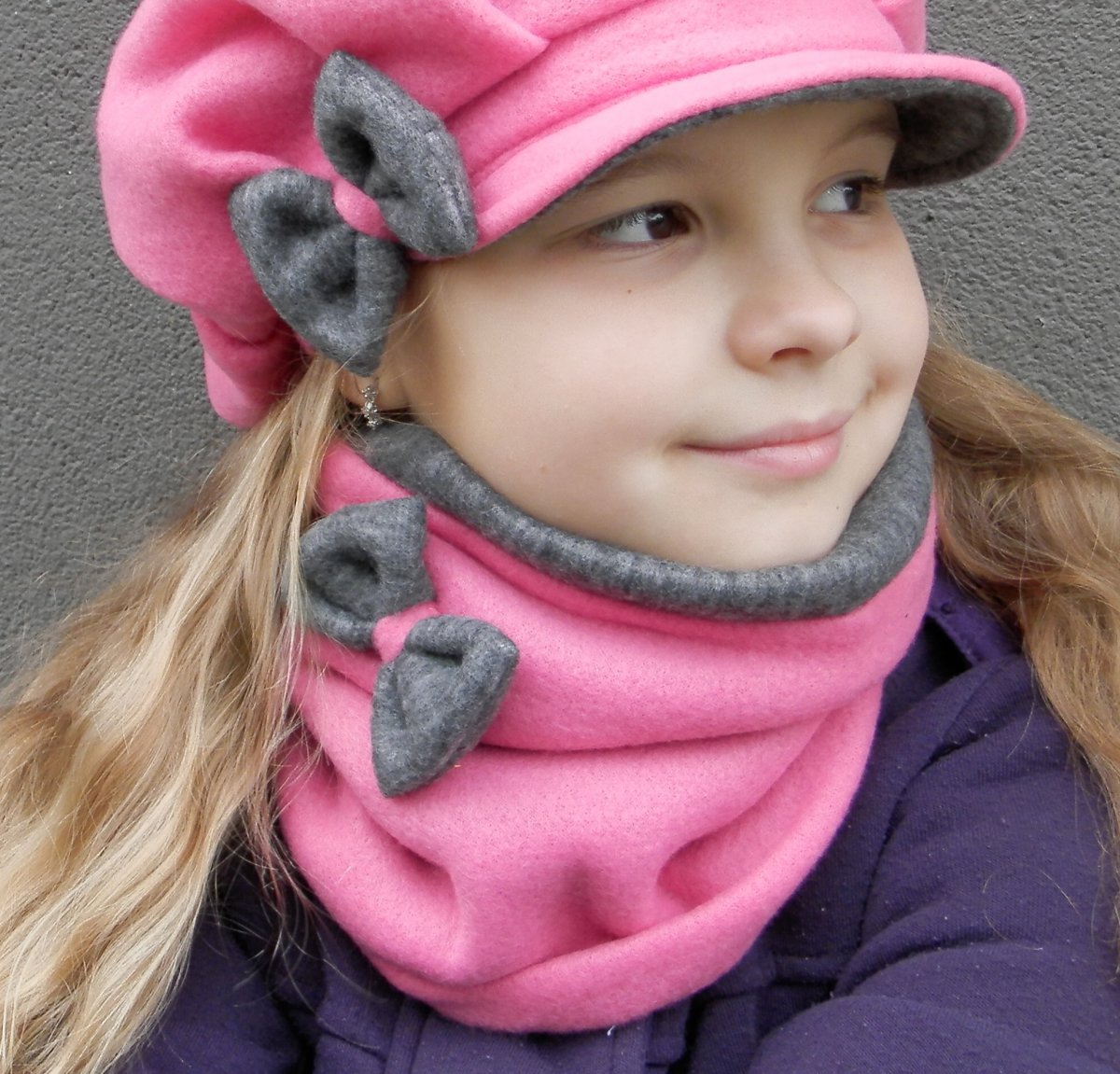 nákrčník dětský,tunel  růžová+šedý melír mašle