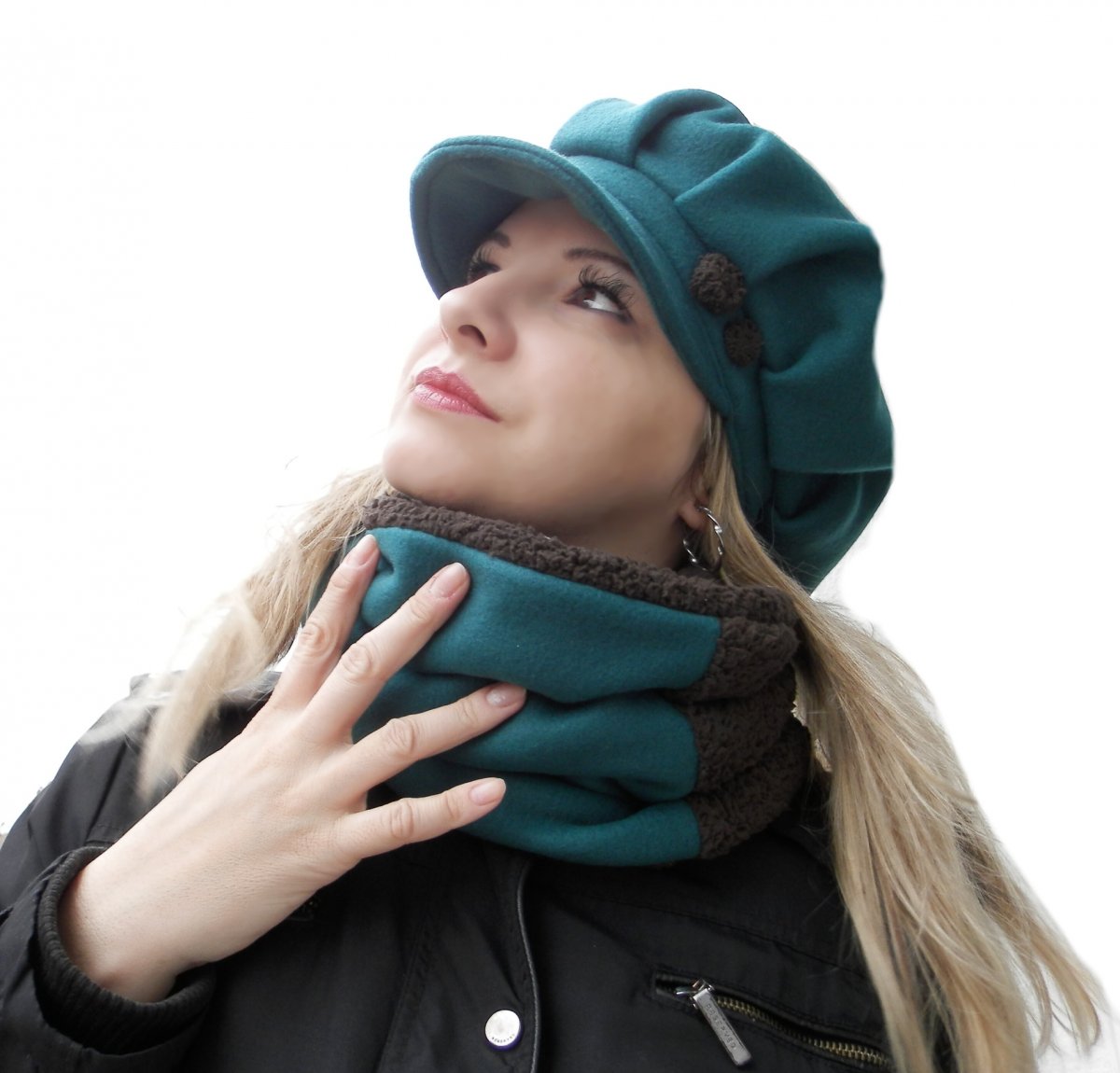 nákrčník ,tunel a čepice bekovka petrolejová+hnědá