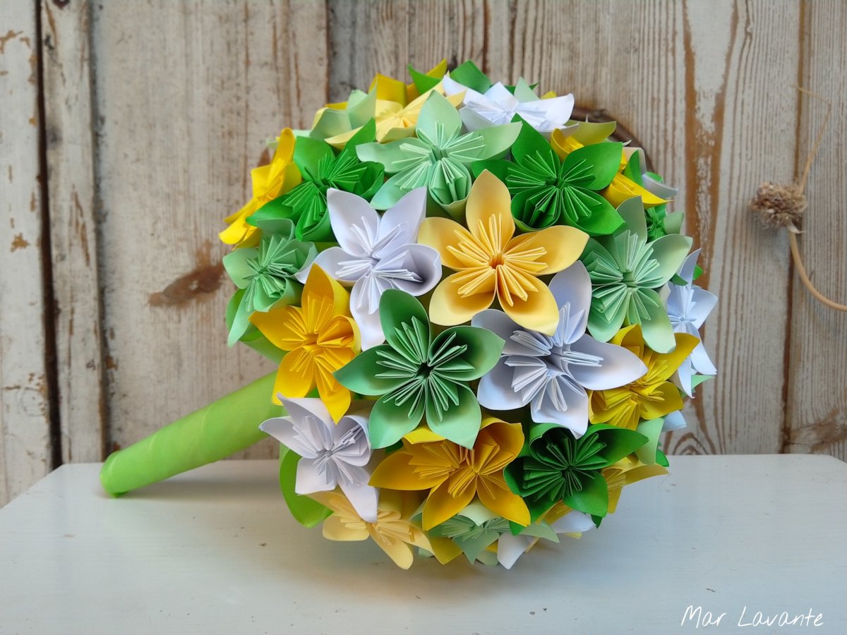 Svatební origami kytice - zelená, žlutá, bílá