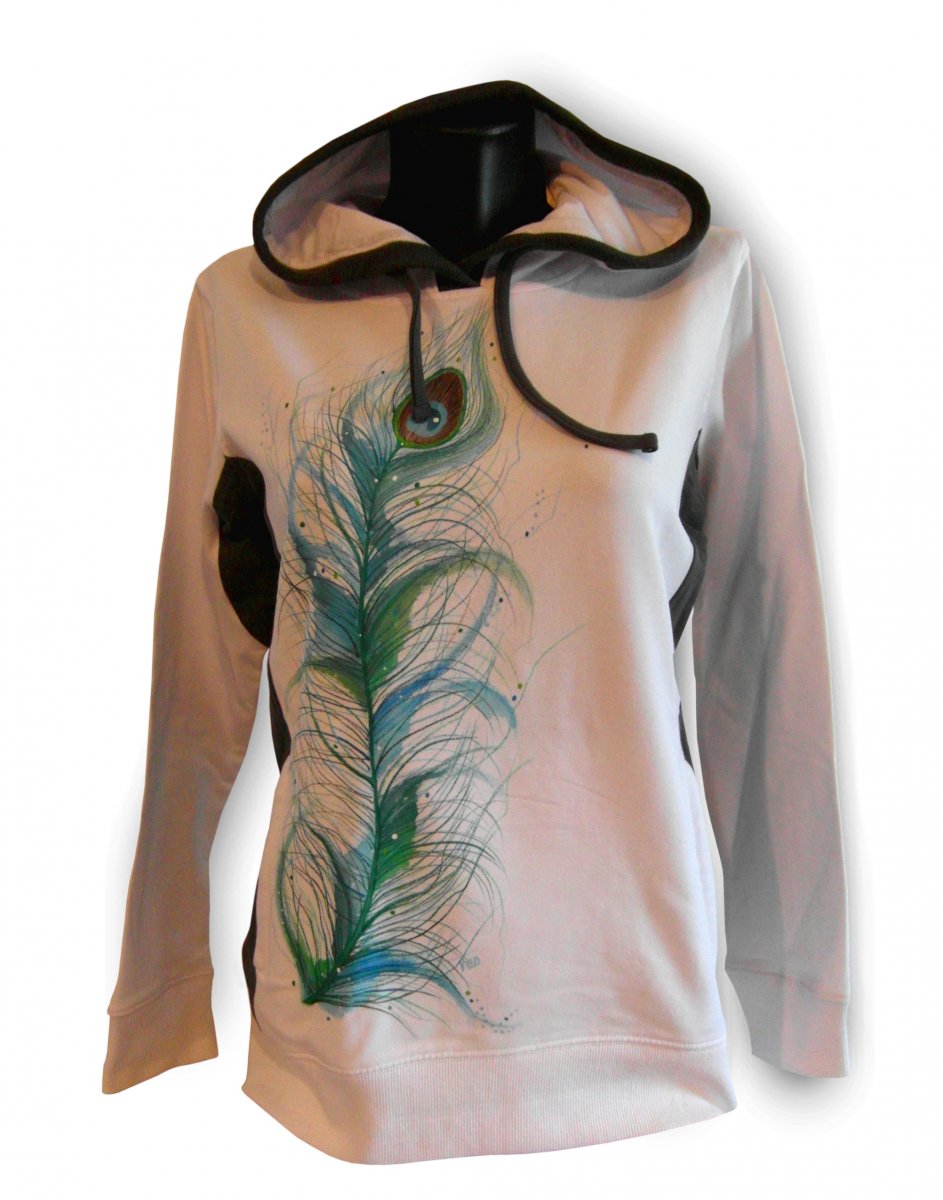 Bílá mikina s pavím pírkem - ručně malovaná