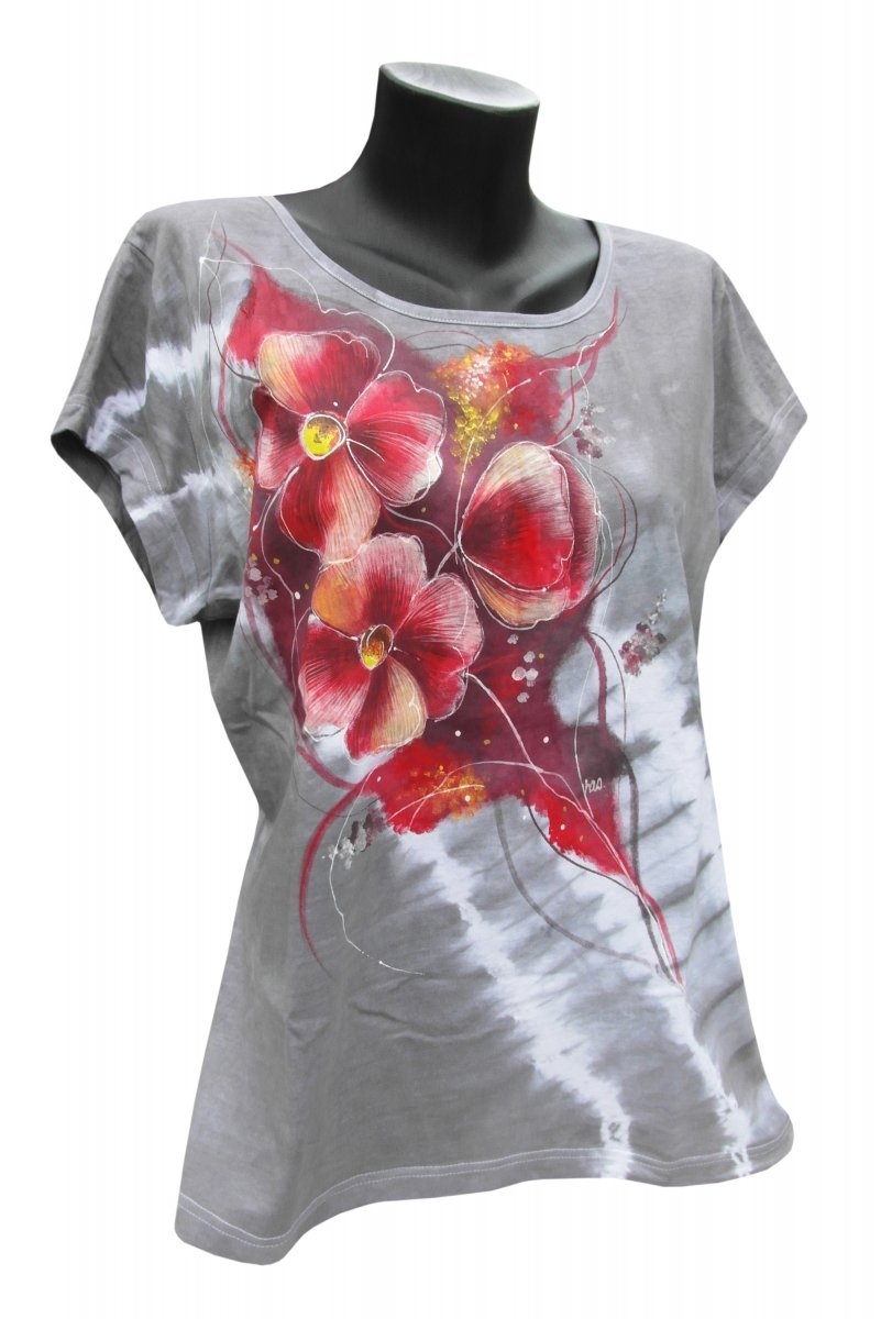 Šedé s červenými kvítky ručně malované