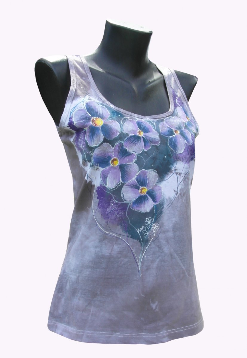 Šedé tílko -fialoví kvítka ručně malované