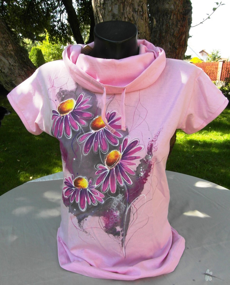 Růžové tričko s echinaceou -ručně malované
