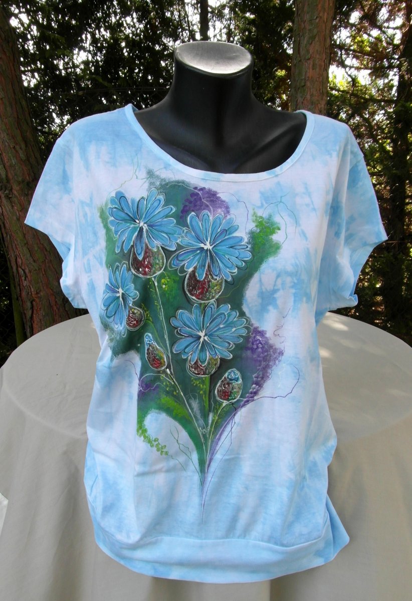 Modré tričko s bodláky -ručně malované