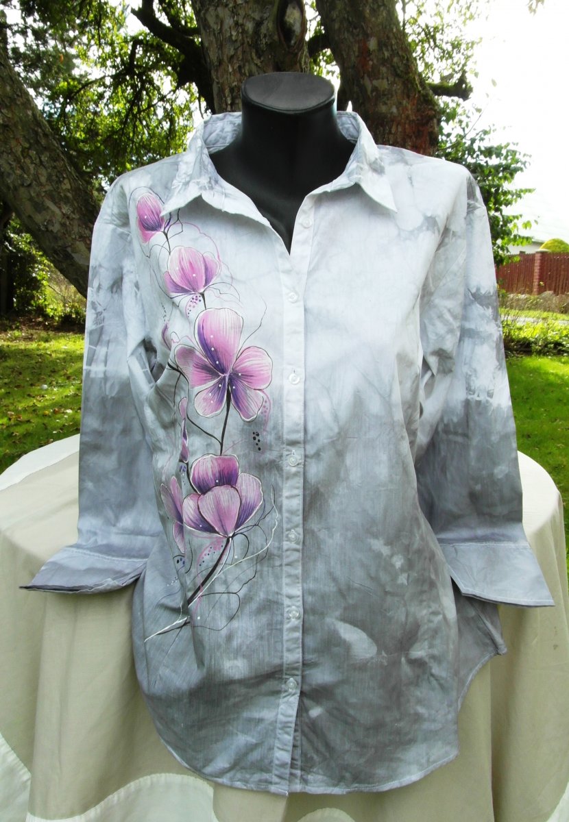 Šedá halenka s růžovými kvítky vel.M-ručně malované