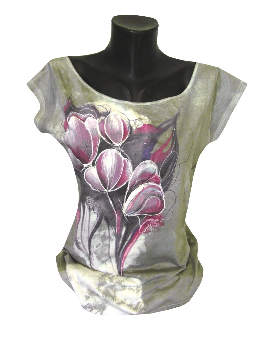 Šedé tričko s růžovými květy-ručně malované