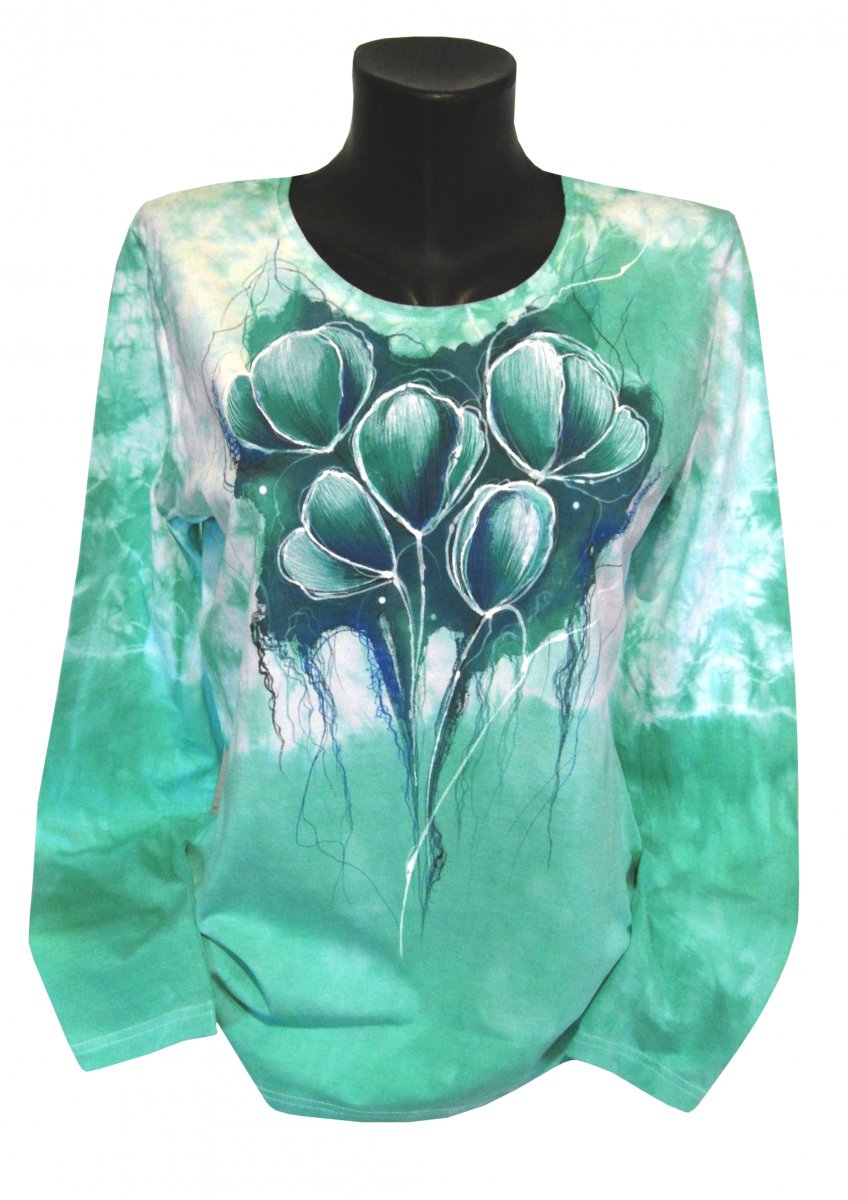 Zelené tričko-květinky květiny ručně malované 