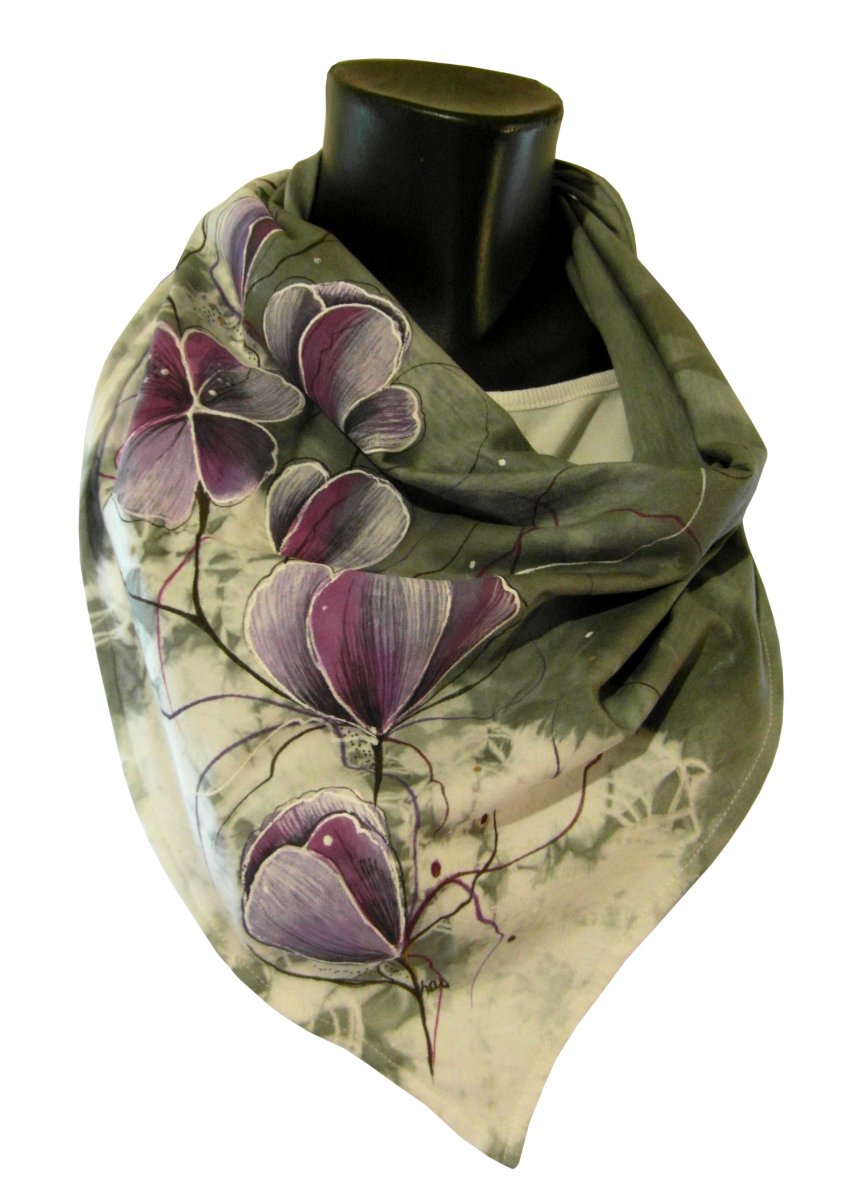 Šedý šátek s růžovými kvítky-ručně malované