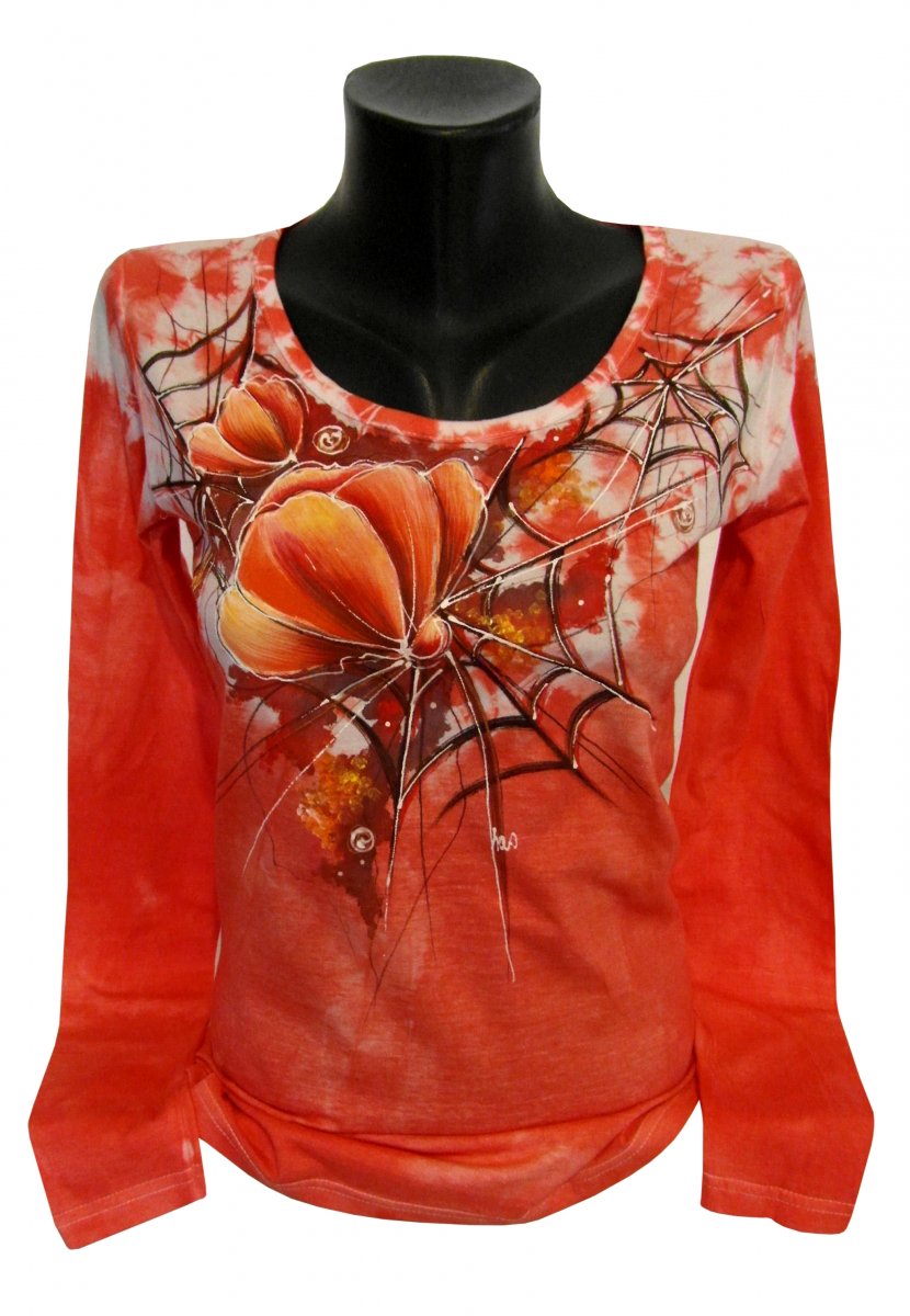 Červené triko - květ s pavučinami ručně malované 