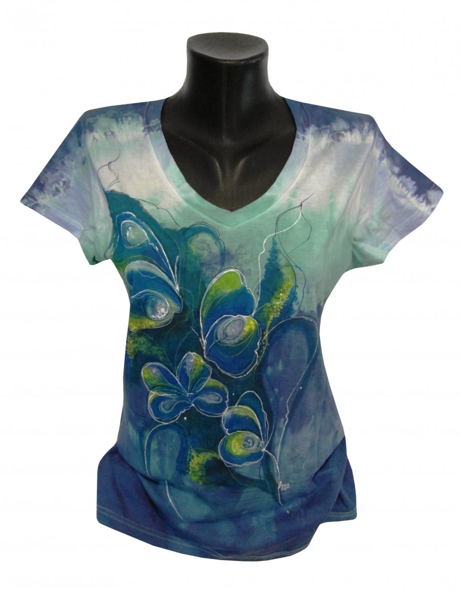 Zeleno-modré tričko s motýli -ručně malované