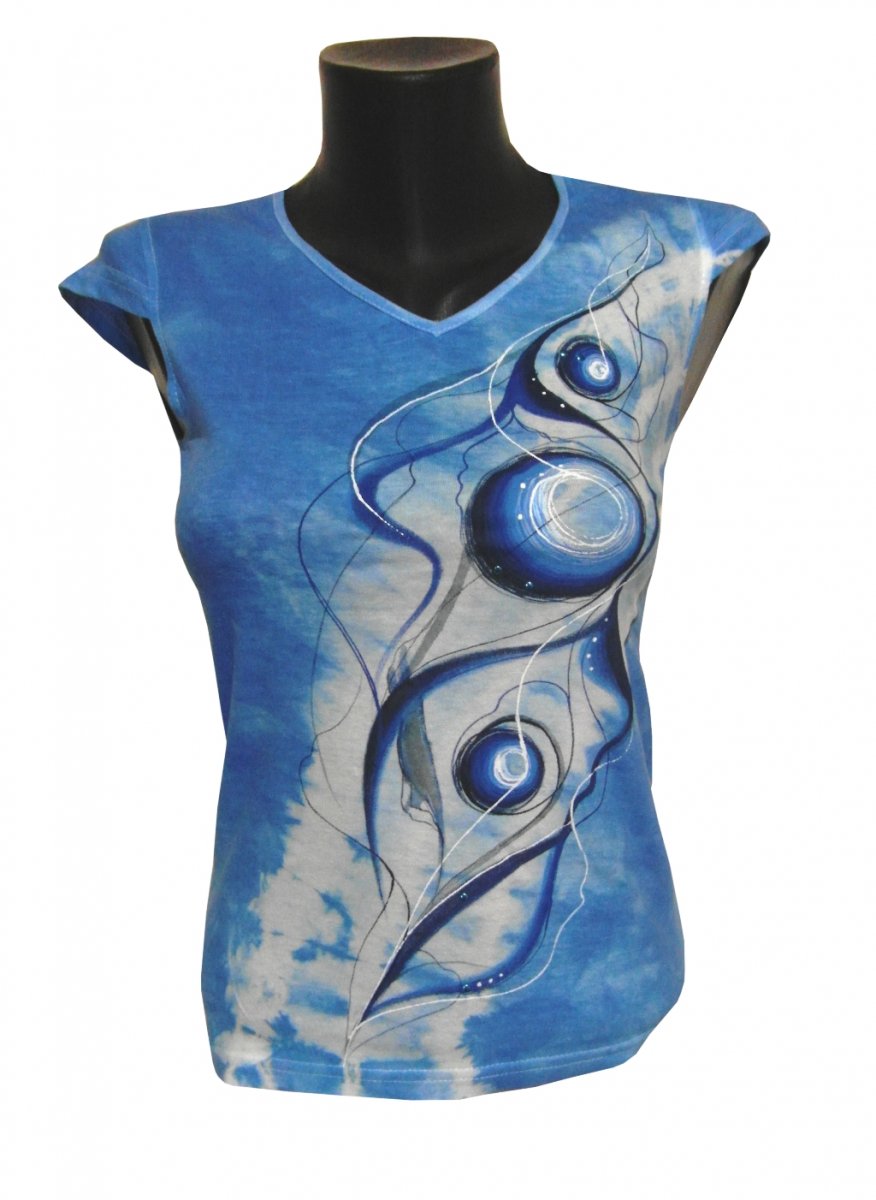 Modré tričko-abstrakce s kamínky ručně malované 