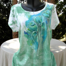 Zelené tričko s růžemi -ručně malované