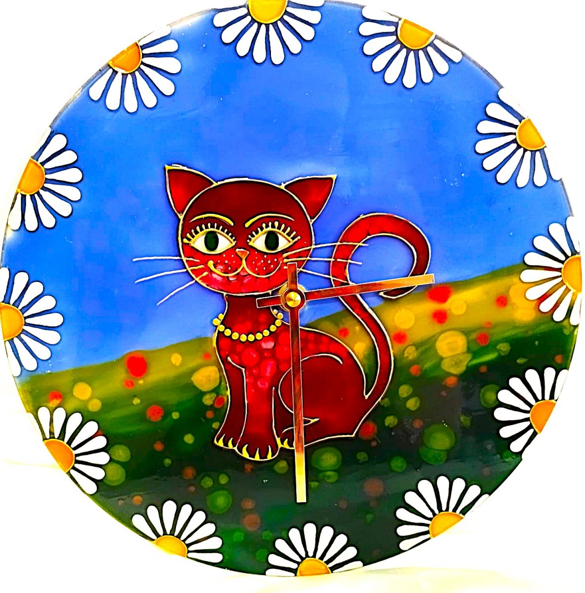 Kočka v kopretinách - ručně malované hodiny