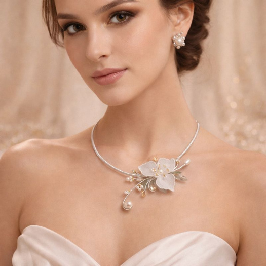 Luxusní svatební šperkový set – jemný květinový náhrdelník a perličkové náušnice | Ruční výroba