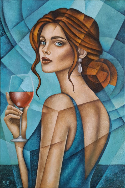 Portrait in Teal - originální olejomalba 60×40 cm