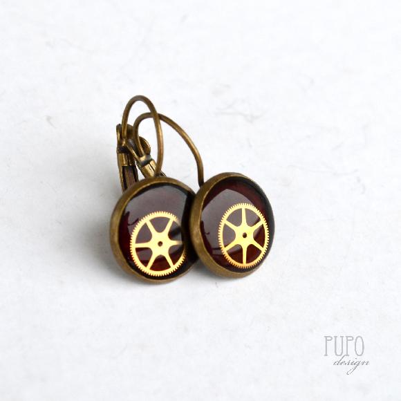 Bronzové steampunkové naušnice, vínové