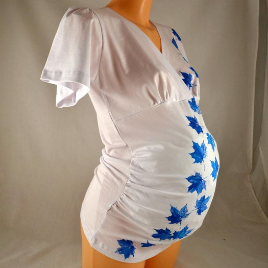 Těhotenská tunika - bílá s modrými listy M/L