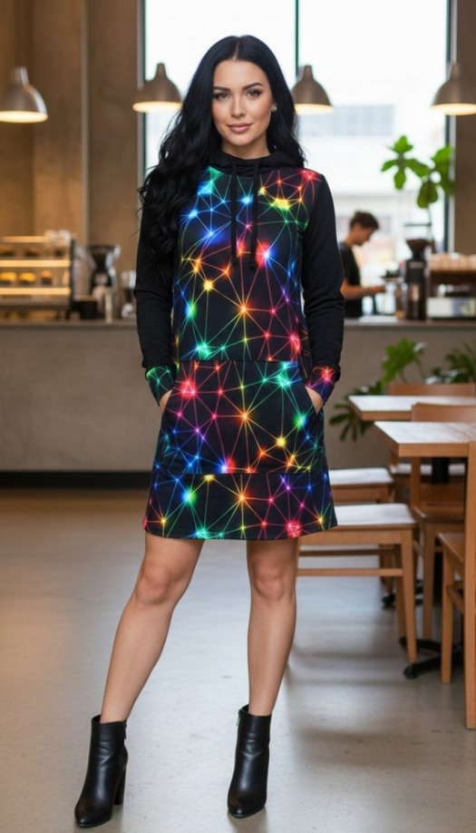 Dámská mikino-tunika s kapucí - barevná světla (teplákovina)