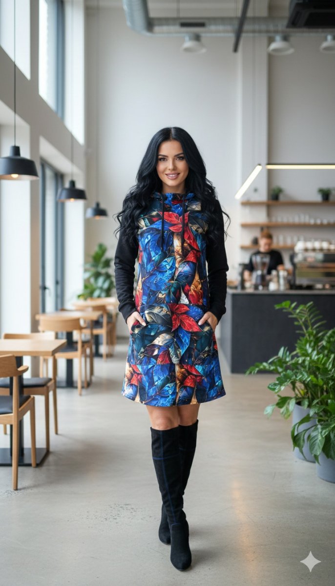 Dámská mikino-tunika s kapucí - metalické listy (teplákovina)