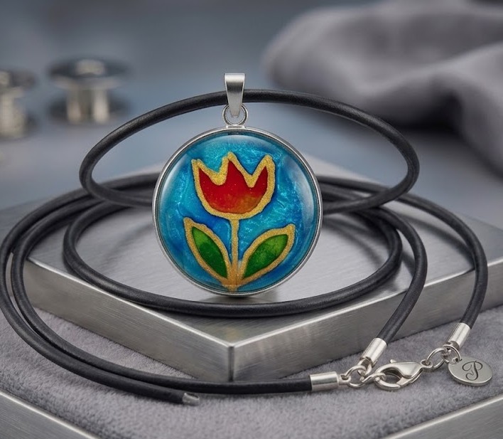 Ručně malovaný skleněný náhrdelník-Tulipán pro štěstí