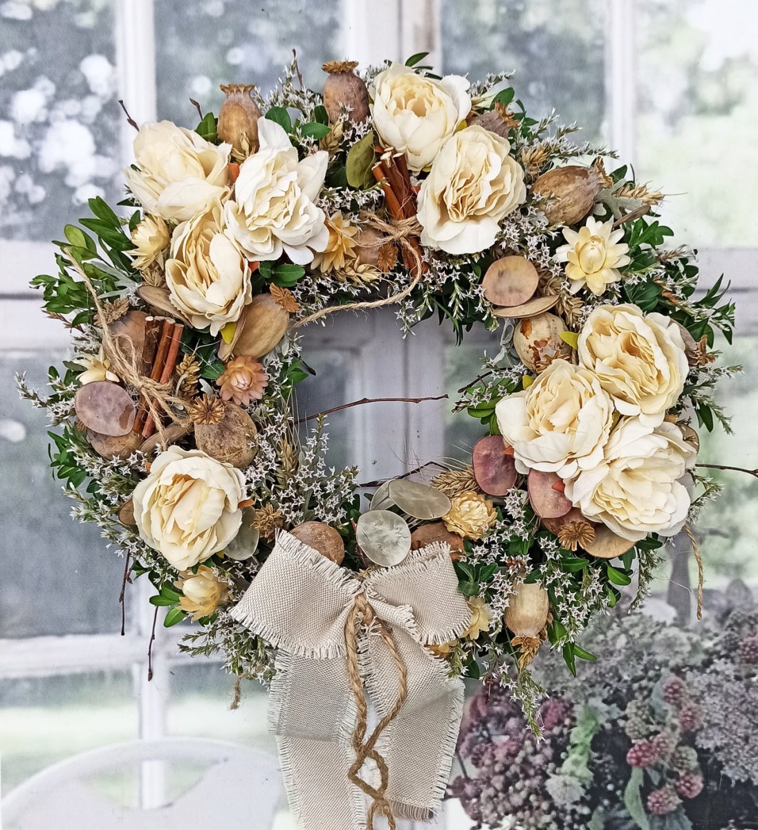 Věnec v béžové s režnou mašlí