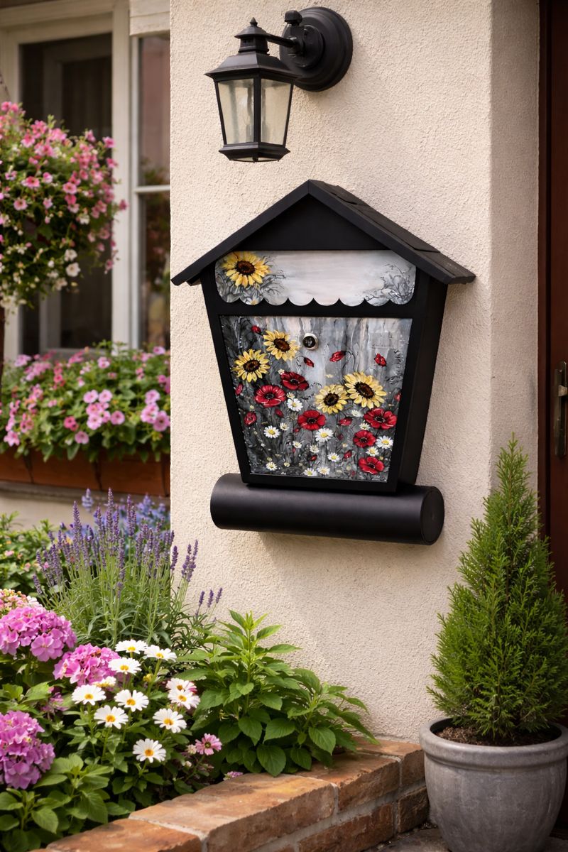 Ručně malovaná poštovní schránka se slunečnicemi a vlčími máky – autorský originál