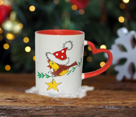 Hrnek rukojeť srdce - ptáče vánoční
