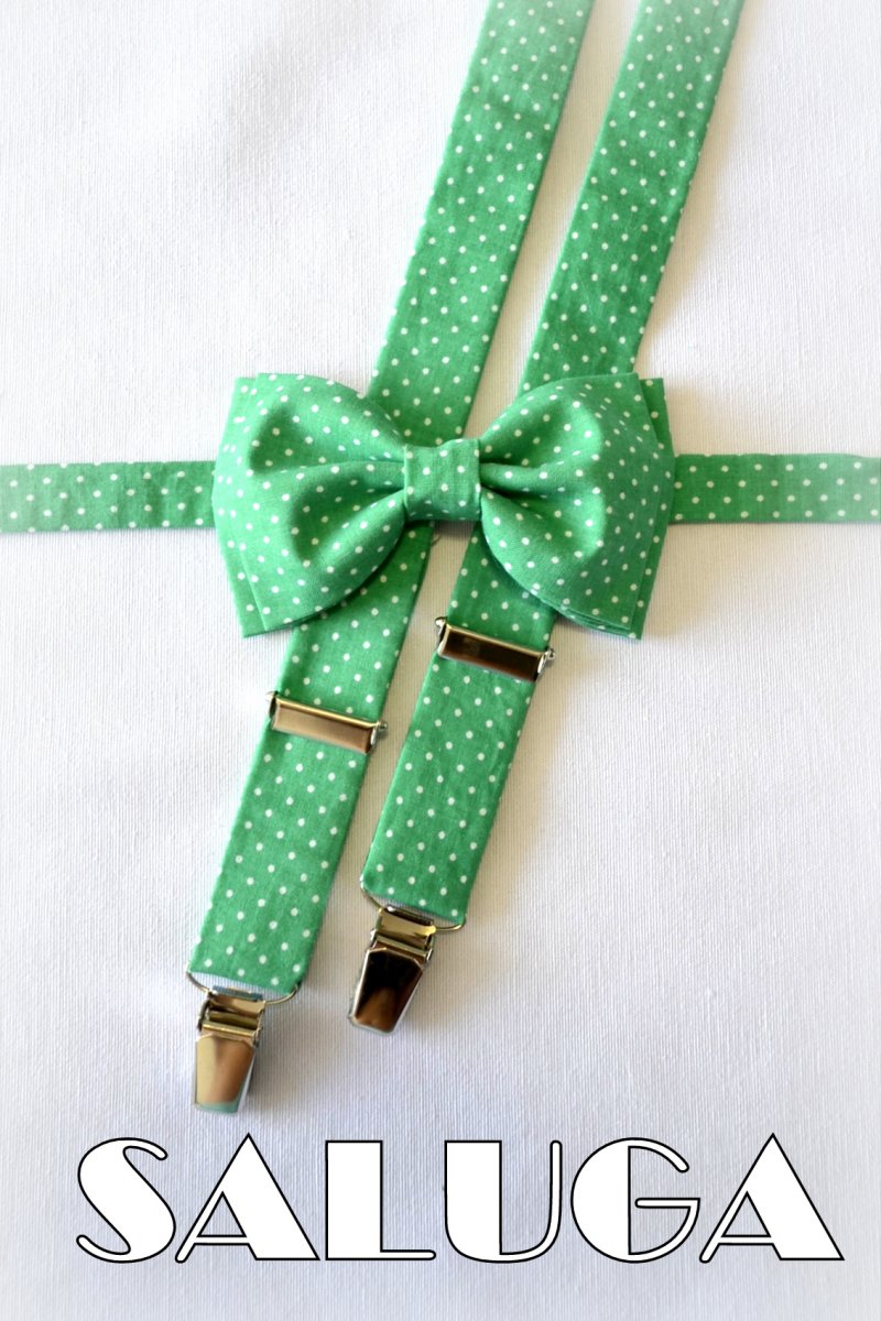 Pánské šle a motýlek , retro zelené na bíle tečky