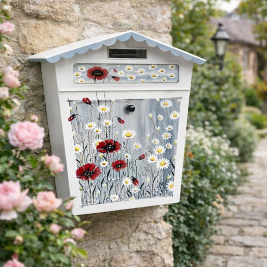 Ručně malovaná poštovní schránka – máky a kopretiny