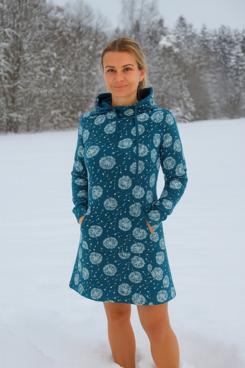 Mikinové šaty s kapucí - pampelišky na petrolejové (teplákovina)