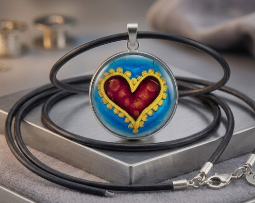 Ručně malovaný skleněný náhrdelník-Rubínové srdce ve vlnách