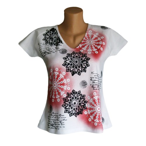 Bílé dámské tričko: červenočerné květy