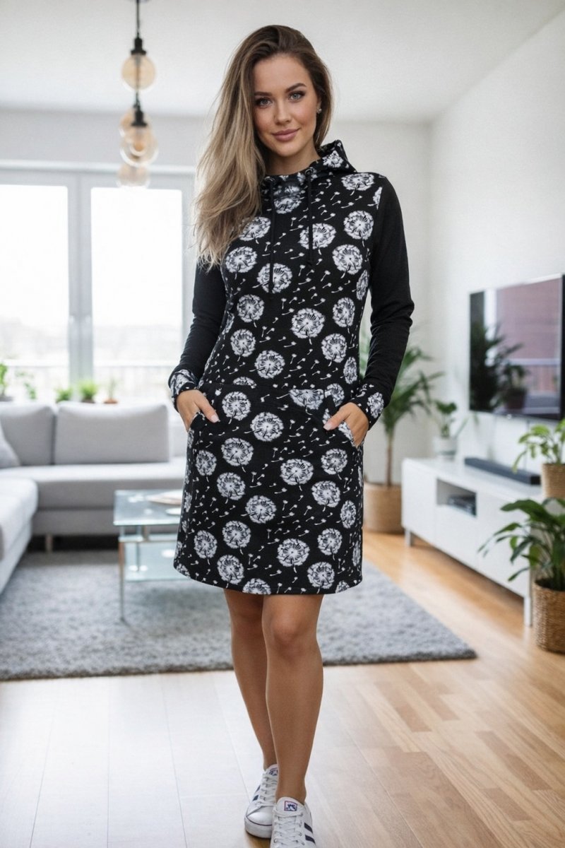 Dámská mikino-tunika s kapucí - chmýří na černé (teplákovina)