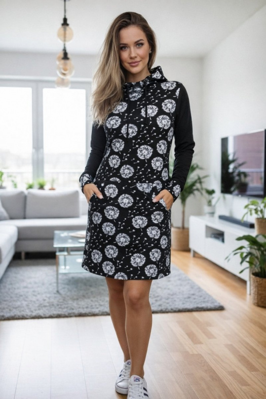 Dámská mikino-tunika s kapucí - chmýří na černé (teplákovina)