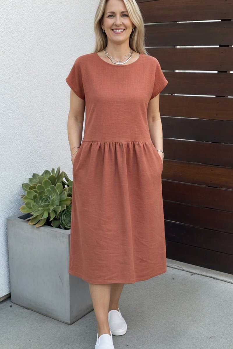 Lněné šaty s kapsami - barva cihlová, velikost 2XL  ~ SLEVA ~