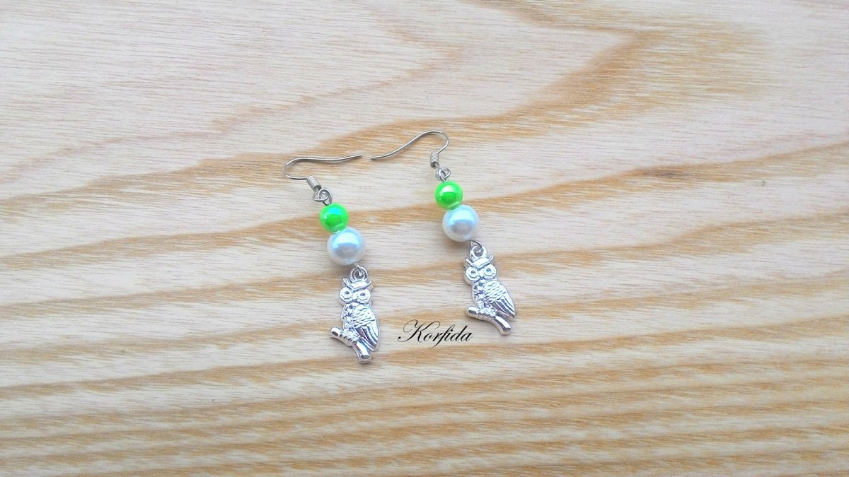 Náušnice sovičky - zelená + bílá + stříbrná (801/16)