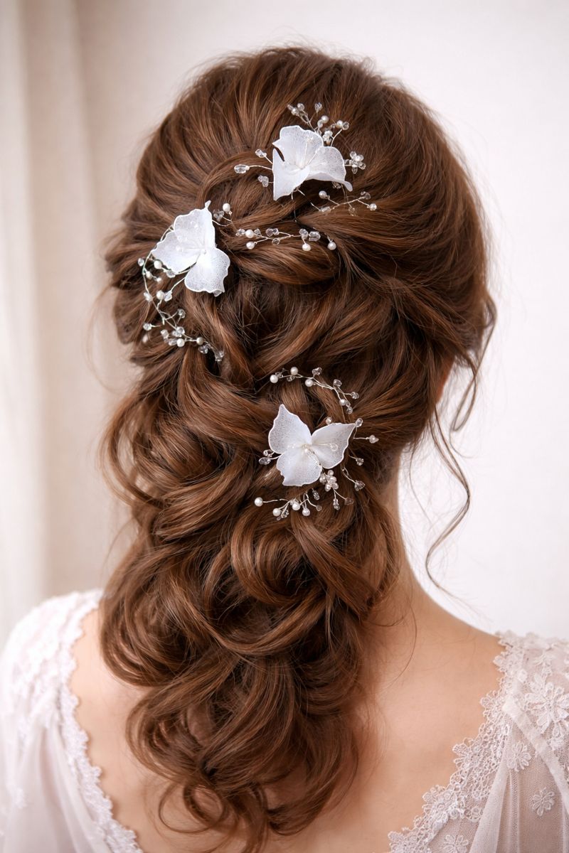 Svatební vlasové ozdoby – květiny s perličkami (3 ks)