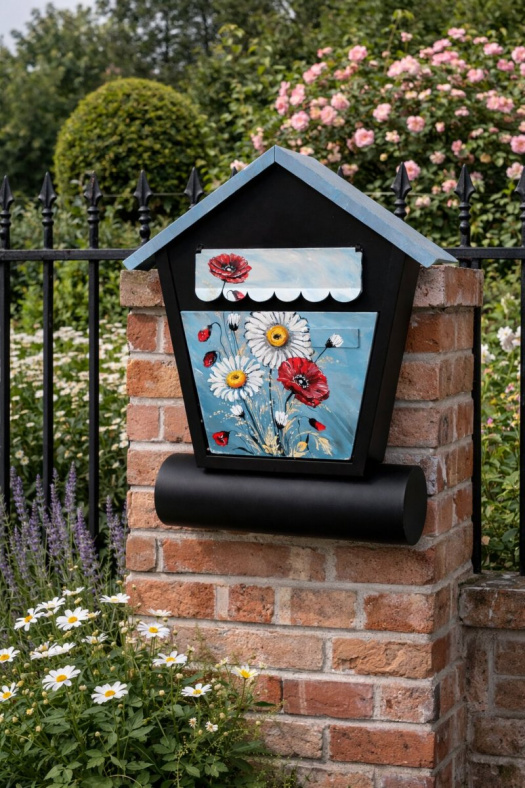 Ručně malovaná poštovní schránka – domeček s květinovým motivem 