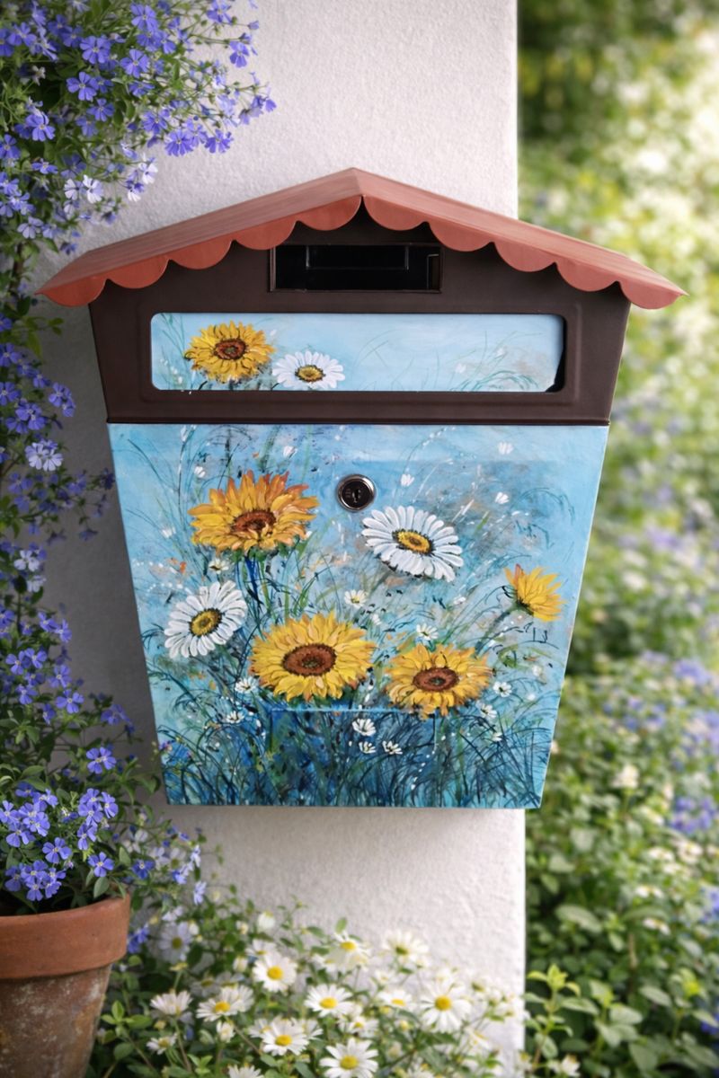 Ručně malovaná poštovní schránka – slunečnice a luční květy | Originální dekorace na dům