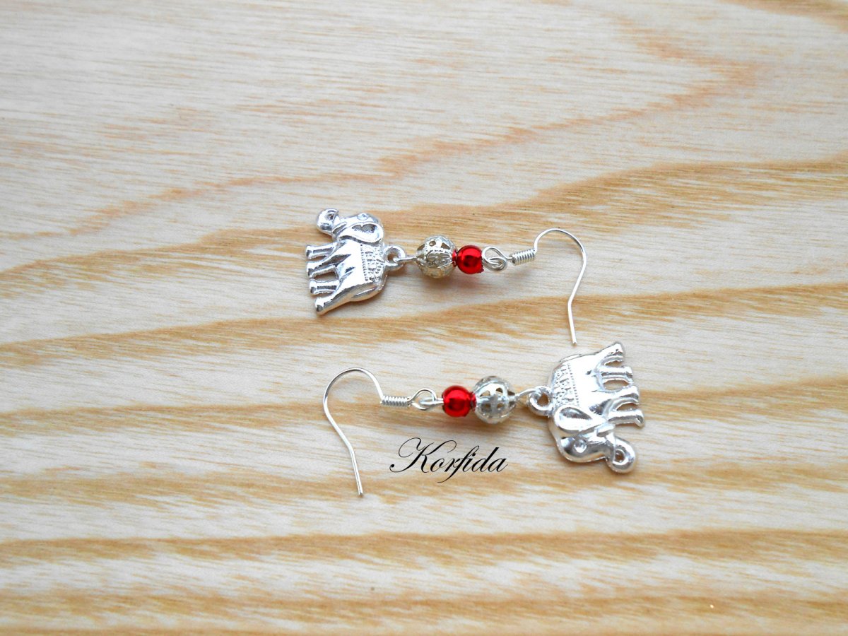 Náušnice sloníci + červená + stříbrná (127/16)