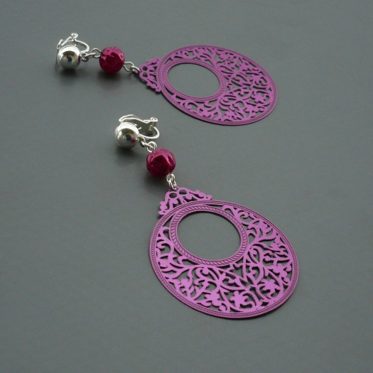 Růžové kruhy s ornamenty - lehoučké klipsy