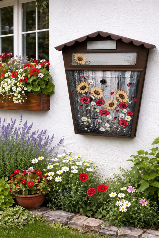 Ručně malovaná poštovní schránka s květinovým motivem