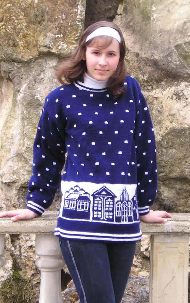 Modrý svetr s domečky