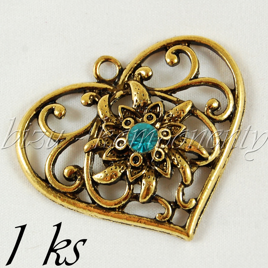 Srdce se světle modrým šatonem, zlatá barva (02 0098)