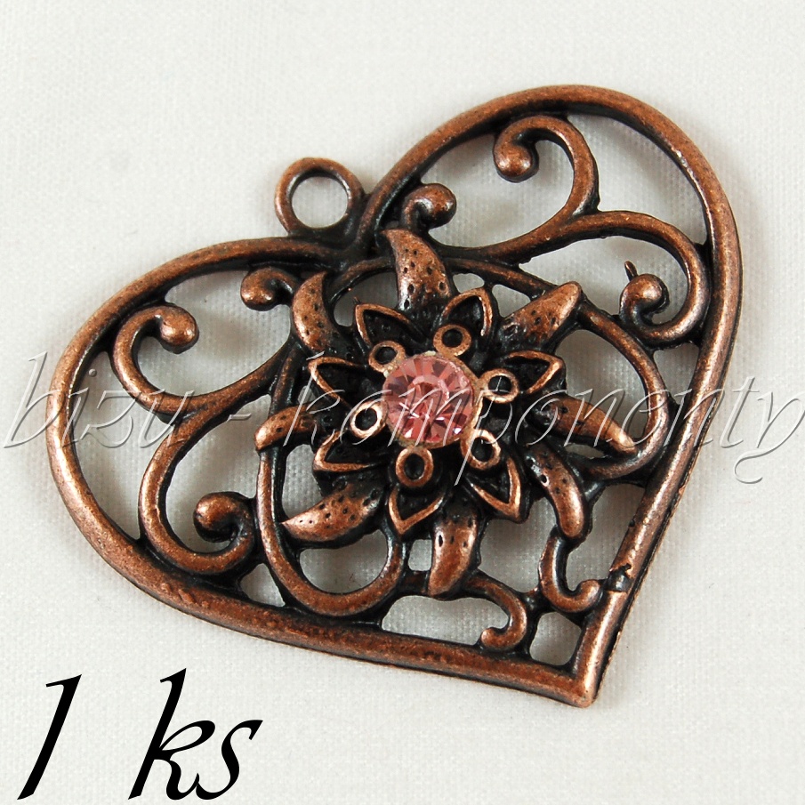 Srdce s růžovým šatonem, měděná barva (02 0096)