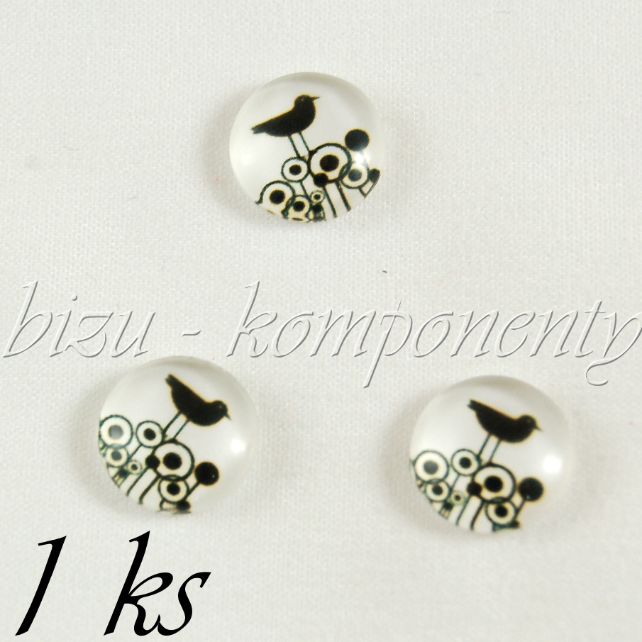 Skleněný kabošon ptáček na louce, 12 mm (35 2253)