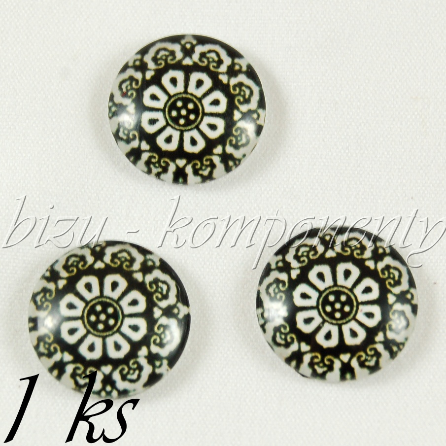 Skleněný kabošon černo - bílý květ , 16 mm (35 2382)