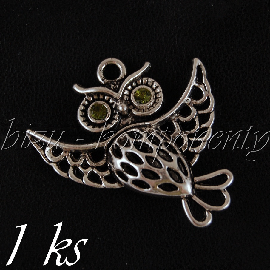 Letící 3D sova se zelenýma očima, stříbrná barva (02 1061)